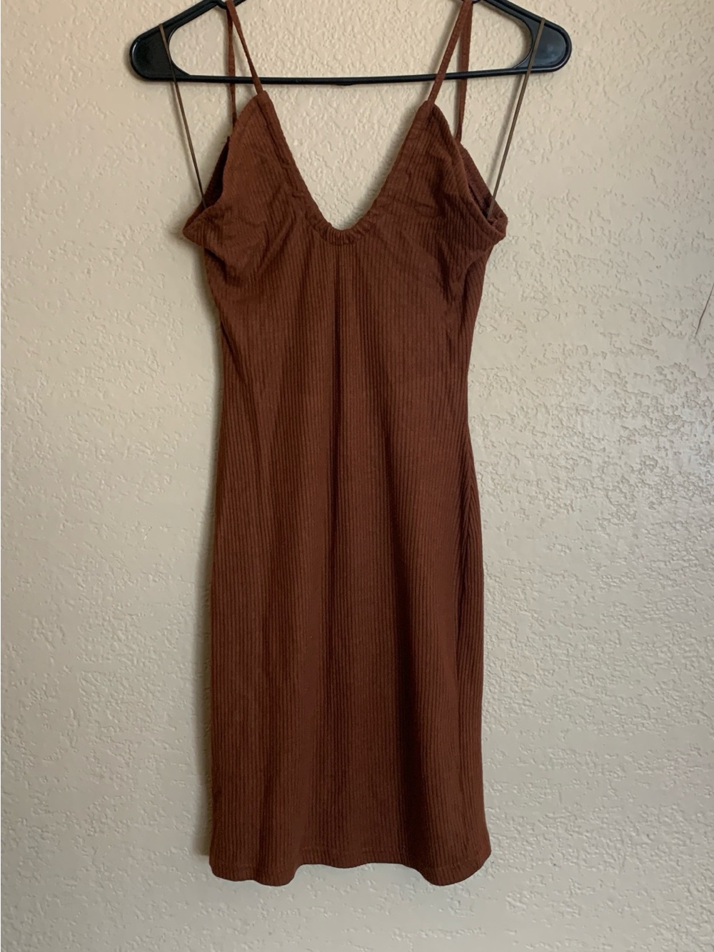 Ribbed Brown Midi Slip Dress with Spaghetti Straps
